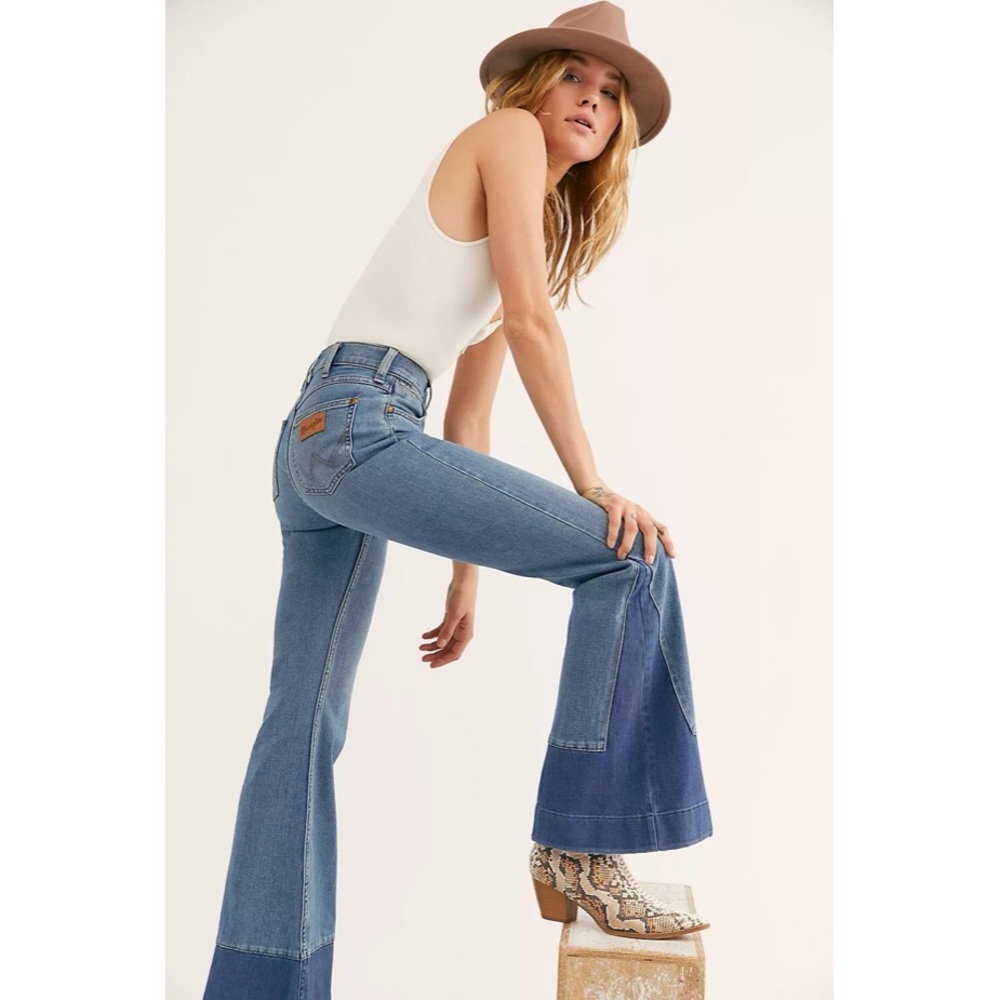 wrangler x free people high rise flare exposed button jeans